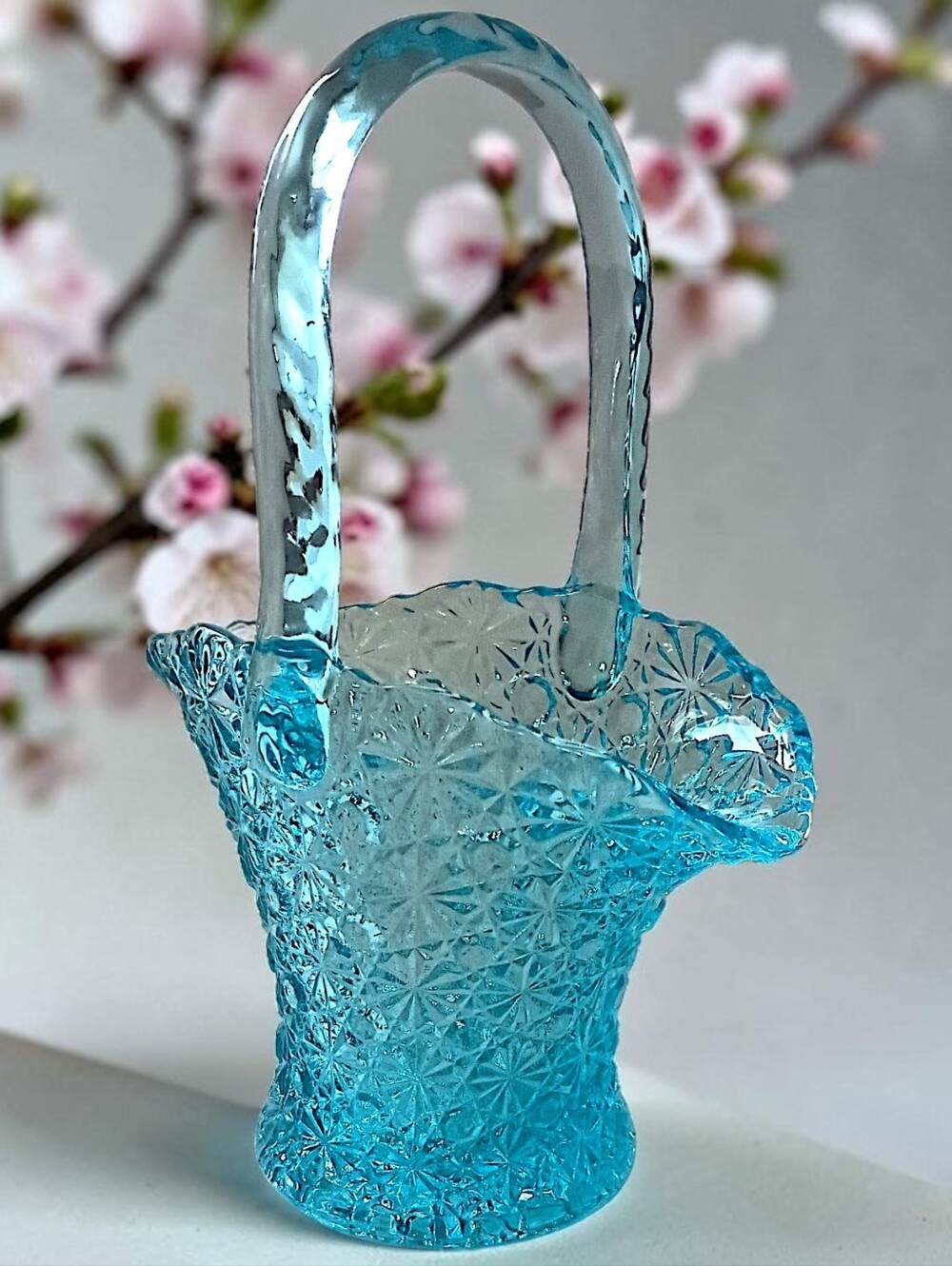 Fenton LG Wright Glass Brides Basket Daisy Button Aquamarine Blue Vase Vintage